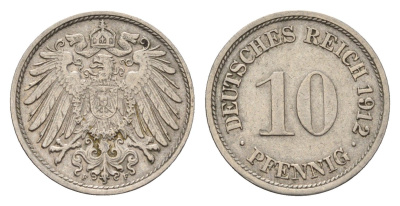 Германия 10 пфеннигов 1912 F, Вильгельм II (1888-1918) KM 12, J. 13 медно-никель 4636-1013