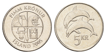 Исландия 5 крон 2005 дельфины KM 28a сталь плакированная никелем UNC 4691-426