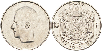 БЕЛЬГИЯ 10 ФРАНКОВ 1973 BELGIE, БОДУЭН I (1951-1993) KM 156.1 никель 106-614