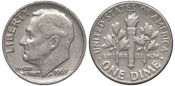 США 10 центов (дайм) 1967 Рузвельт KM 195a медь плакированная медно-никелем 4549-413