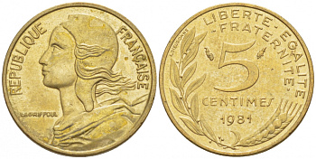 ФРАНЦИЯ 5 САНТИМОВ 1981 ТИП MARIANNE KM 933 медь алюминий никель 112-833