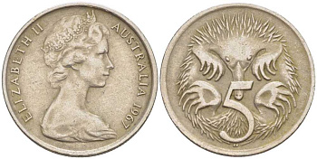 АВСТРАЛИЯ 5 ЦЕНТОВ 1967 ЕЛИЗАВЕТА II, МОЛОДОЙ ПОРТРЕТ, ЕХИДНА KM 64 медно-никель 4385-645