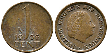 НИДЕРЛАНДЫ 1 ЦЕНТ 1966 ЮЛИАНА KM 180 бронза 261-611