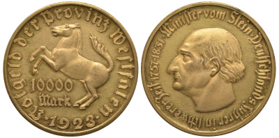 Германия, Вестфалия 10000 марок 1923 Штейн, лошадь, 44,5 мм J. N 20 a медь цинк UNC 00-00