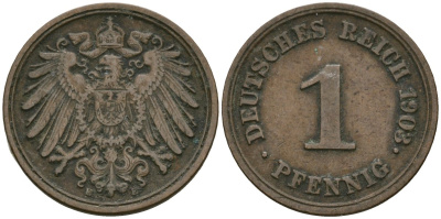 Германия 1 пфенниг 1894 E, Вильгельм II (1888-1918) KM 10, J. 10 медь 4608-158