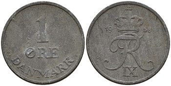 Дания 1 эре 1958 C;S, Фредерик IX (1947-1972) KM 839.2 цинк 4152-465