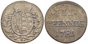 САКСОНИЯ 3 ПФЕННИГА 1781 С, ФРИДРИХ АВГУСТ III (1763-1806) KM 965 (С95) серебро 206-339