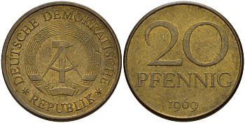 ГДР 20 пфеннигов 1969 A, первый год KM 11 латунь 92-733