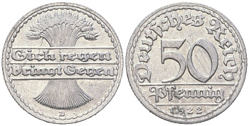 Германия 50 пфеннигов 1922 D KM 27 алюминий aUNC 31-434