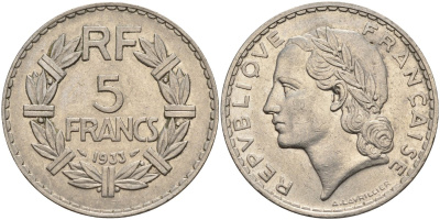 Франция 5 франков 1933 KM 888, Le Franc 336 никель 4144-344