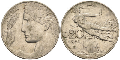Италия 20 чентезимо 1921 R, Виктор Эммануил (1900-1946) KM 44 никель 4116-1253