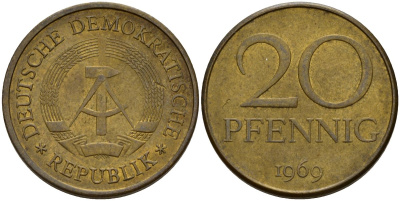 ГДР 20 пфеннигов 1969 A, первый год KM 11 латунь 92-733