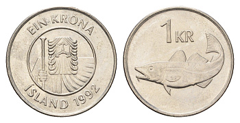 Исландия 1 крона 1992 треска KM 27a сталь плакированная никелем UNC 4687-837