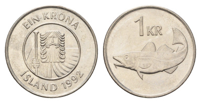 Исландия 1 крона 1992 треска KM 27a сталь плакированная никелем UNC 4687-837