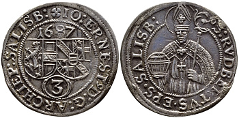 АВСТРИЯ, ЗАЛЬЦБУРГ 3 КРЕЙЦЕРА 1687 ЙОХАНН ЭРНСТ (1687-1709) KM 249 серебро 560-663