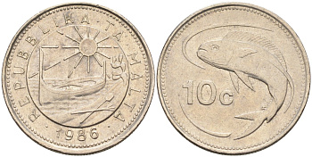 Мальта 10 центов 1986 золотая макрель KM 76 медно-никель 4588-149
