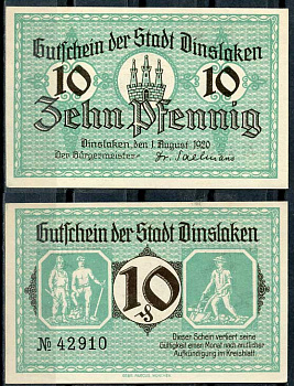 Германия, Динслакен 10 пфеннигов 1920 нотгельд, 1.8.1920 Tieste 1395/01 бумага UNC (пресс) 8614-45-1-2