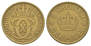 Дания 2 кроны 1925 HCN, Кристиан X (1912-1947) KM 825 алюминиевая бронза 4634-522