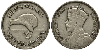 Новая Зеландия 1 флорин 1933 Георг V (1910-1936), птичка киви KM 4 серебро 272-1212