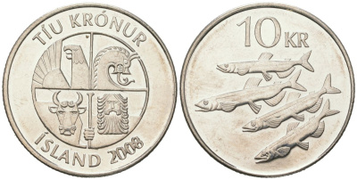 Исландия 10 крон 2008 KM 29.1a сталь плакированная никелем UNC 4574-522