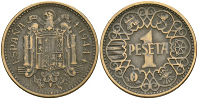 Испания 1 песета 1944 Национальное правительство (1939 - 1947) KM 767 алюминиевая бронза 4171-1036