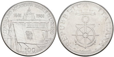 Италия 100 лир 1981 R, 100 лет Военно-морской Академии в Ливорно KM 108 нержавеющая сталь 88-1143