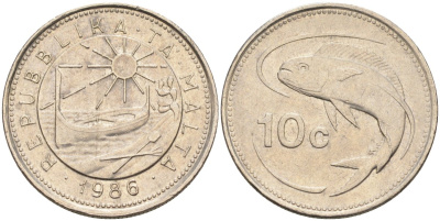 Мальта 10 центов 1986 золотая макрель KM 76 медно-никель 4588-149