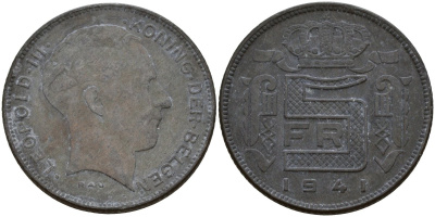 Бельгия 5 франков 1941 DES BELGEN, Леопольд III (1934-1947) KM 129 цинк 4161-917
