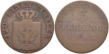 ПРУССИЯ 3 ПФЕННИГА 1842 ФРИДРИХ ВИЛЬГЕЛЬМ (1840-1861) KM 432 медь 117-144