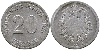 Германия 20 пфеннигов 1876 С, старогербовка KM 5, J.5, Weege 9 серебро    58-163