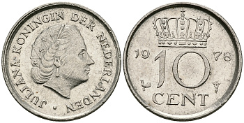 Нидерланды 10 центов 1978 Юлиана (1948-1980) КМ 182 никель 96-514