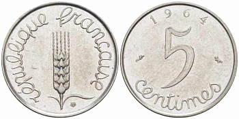 ФРАНЦИЯ 5 САНТИМОВ 1964 ПЯТАЯ РЕСПУБЛИКА KM 927, LE FRANC 124.6 хромированная сталь 105-433