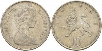 Великобритания 10 пенсов 1969 Елизавета II (1952-2022) KM 912, Spink 4231 (F1) медно-никель 4403-721