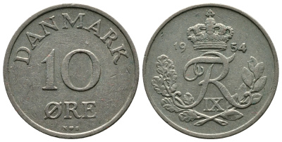ДАНИЯ 10 ЭРЕ 1954 N; S, ФРЕДЕРИК IX (1947-1972) KM 841.1 медно-никель 83-1211