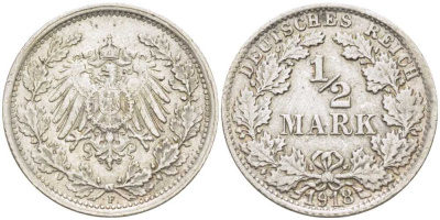 ГЕРМАНИЯ 1/2 МАРКИ 1918 F KM 17, J. 16 серебро 175-147