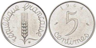 ФРАНЦИЯ 5 САНТИМОВ 1964 ПЯТАЯ РЕСПУБЛИКА KM 927, LE FRANC 124.6 хромированная сталь 105-433