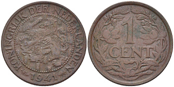 НИДЕРЛАНДЫ 1 ЦЕНТ 1941 ВИЛЬГЕЛЬМИНА (1890-1948) KM 152 бронза 76-347