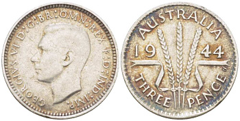 Австралия 3 пенса 1944 S, Георг VI (1937-1952) KM 37 серебро 4516-141