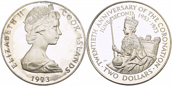 Острова Кука 2 доллара 1973 20 лет со дня коронации Елизаветы II, микроцарапины KM 8 серебро PROOF 1068-1-63