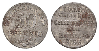 Бохум, Гельзенкирхен, Хаттинген 50 пфеннигов 1918 Funck 49.3, Men05 3022.6, Men18 3860.6 железо 4657-1132