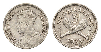 Новая Зеландия 3 пенса 1933 Георг V (1910-1936) KM 1 серебро 4669-566