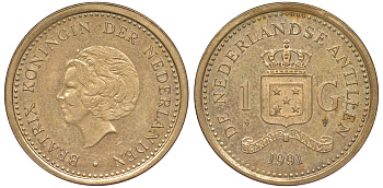 Нидерландские Антилы 1 гульден 1991 Беатрикс (1980-2013) KM 37 позолоченная сталь 25-2021