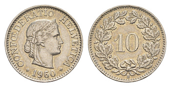 Швейцария 10 раппенов 1960 B KM 27 медно-никель 4532-1245
