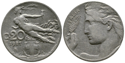 Италия 20 чентезимо 1921 R, Виктор Эммануил III (1900-1946) KM 44 никель 4622-345