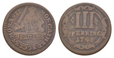 Мюнстер 3 пфеннига 1748 Монетный двор кафедрального капитула KM 430 медь 633-1442