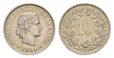 Швейцария 10 раппенов 1960 B KM 27 медно-никель 4532-1245