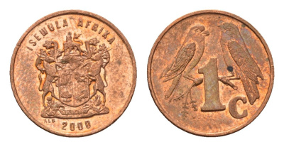 ЮАР 1 цент 2000 герб, капские воробьи KM 170 сталь плакированная медью UNC 4694-151