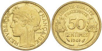 ФРАНЦИЯ 50 САНТИМОВ 1941 ТИП MORLON KM 894.1, LE FRANC 192.18 алюминиевая бронза 44-561