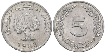 Тунис 5 миллимов 1983 KM 282 алюминий aUNC 4612-545