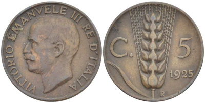 ИТАЛИЯ 5 ЧЕНТЕЗИМО 1925 R, МОНДВОР РИМ, ВИКТОР ЭММАНУИЛ III (1900-1946) KM 59 медь 4525-142